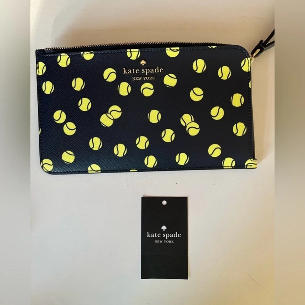 NWT Kate Spade Lucy Tennis Toss Medium L- O zip Wristlet Navy & Neon Yellow ball